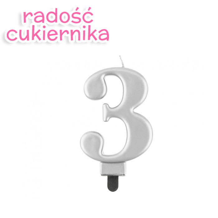 Świeczka cyferka 3, metalik srebrna, 8 cm 