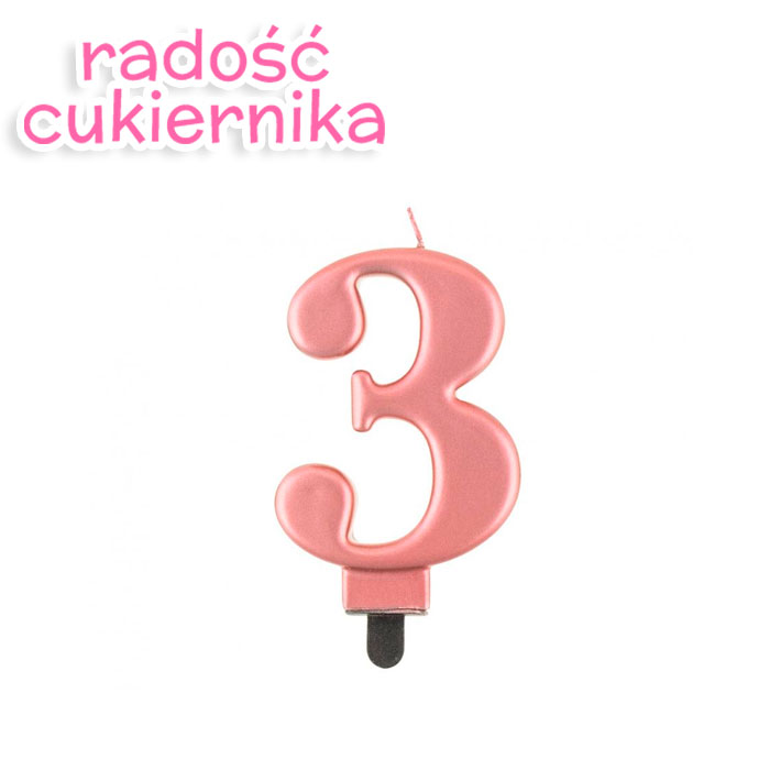 Świeczka cyferka 3, metalik różowa, 8 cm 