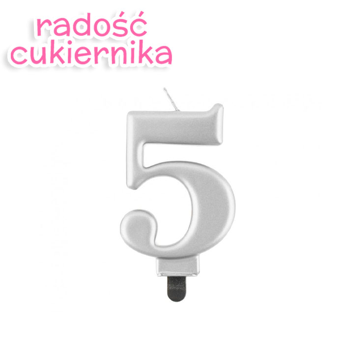 Świeczka cyferka 5, metalik srebrna, 8 cm 