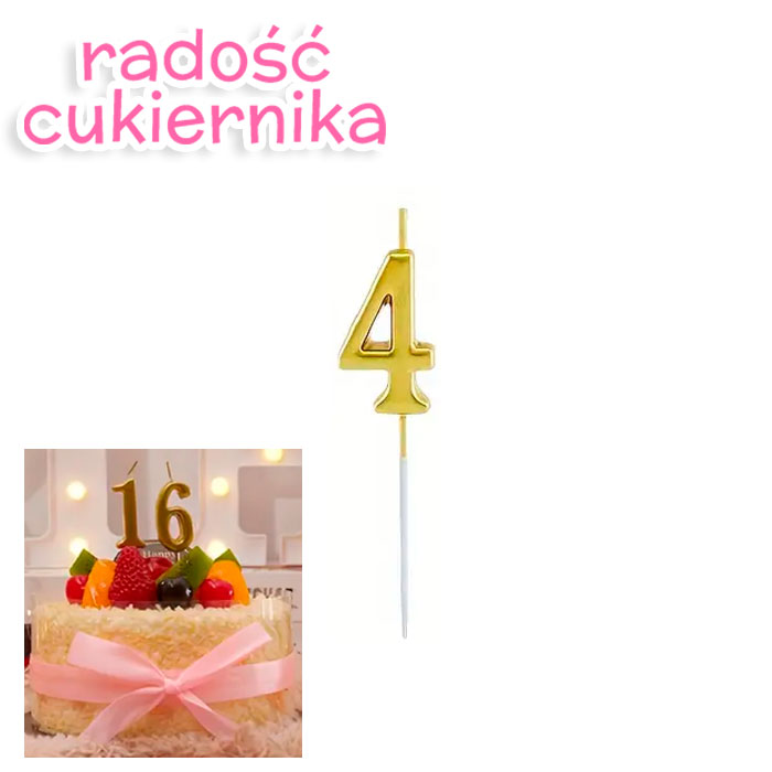Świeczka tortowa numer 4, złota, 11 cm 