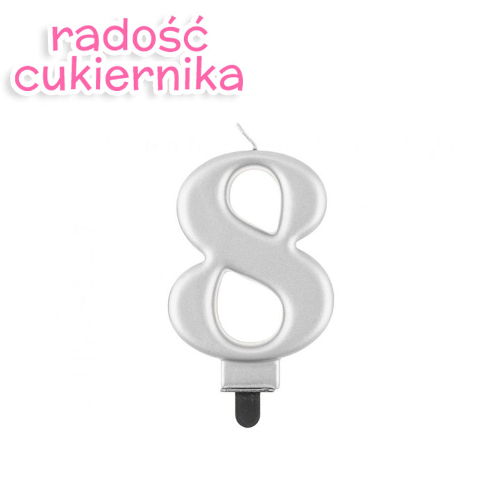 Świeczka cyferka 8, metalik srebrna, 8 cm 