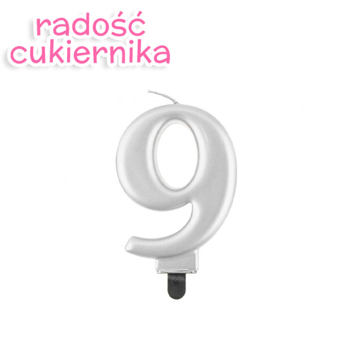 Świeczka cyferka 9, metalik srebrna, 8 cm 