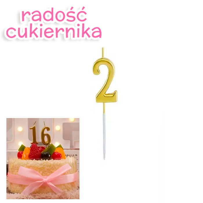 Świeczka tortowa numer 2, złota, 11 cm 