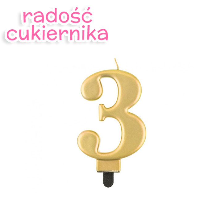 Świeczka cyferka 3, metalik złota, 8 cm 
