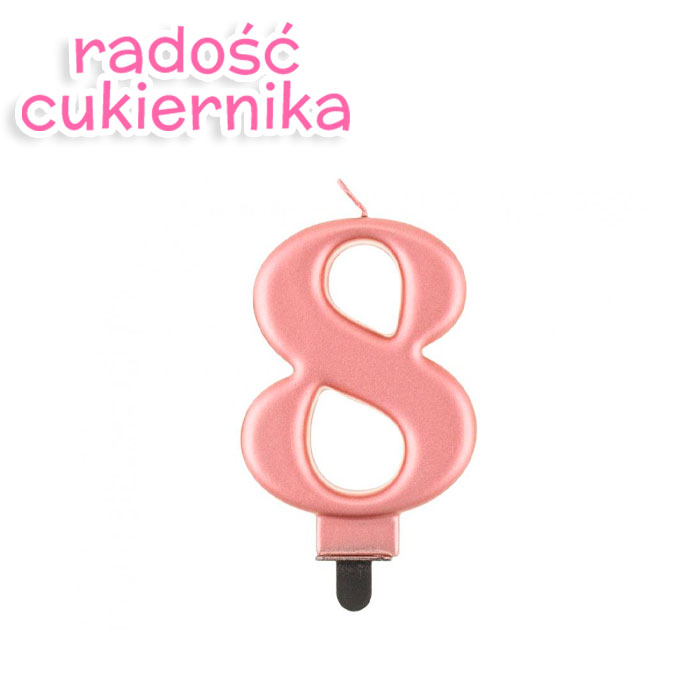 Świeczka cyferka 8, metalik różowa, 8 cm 
