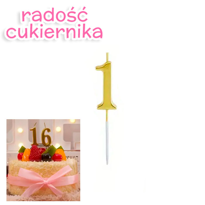 Świeczka tortowa numer 1, złota, 11 cm 