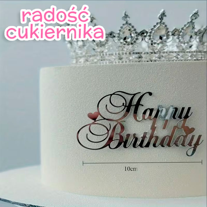 Topper Happy Birthday srebrny, 10 cm 