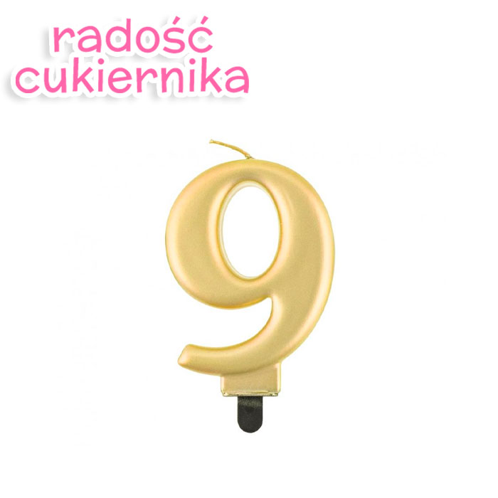 Świeczka cyferka 9, metalik złota, 8 cm 