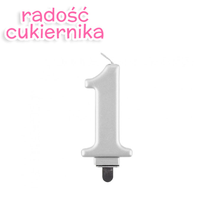 Świeczka cyferka 1, metalik srebrna, 8 cm 