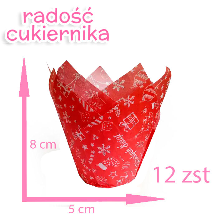 Muffiny tulipan czerwone Wesołych Świąt, 5х8 сm, 12 szt 
