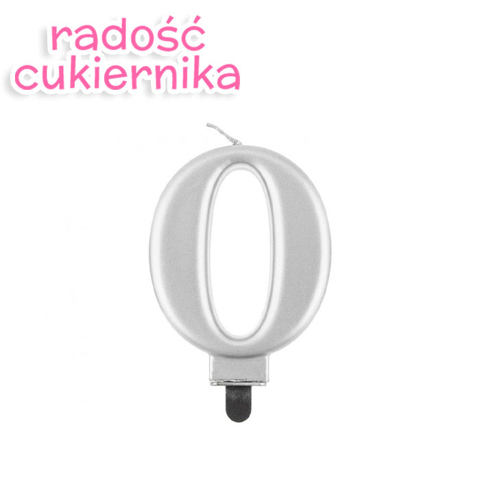 Świeczka cyferka 0, metalik srebrna, 8 cm 