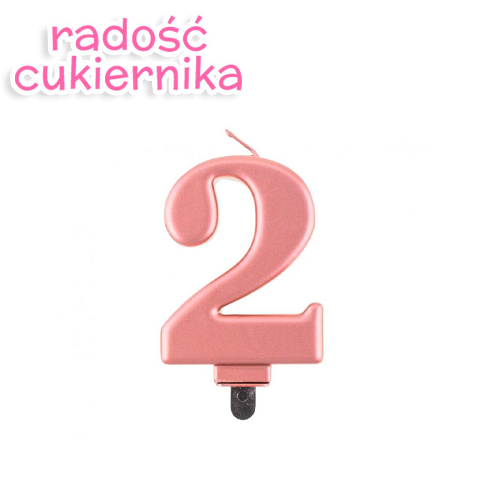 Świeczka cyferka 2, metalik różowa, 8 cm 