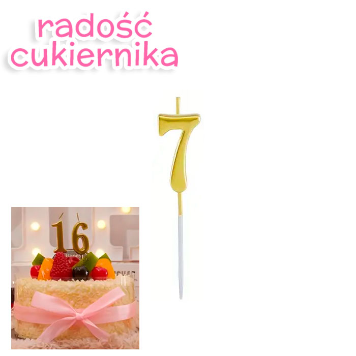 Świeczka tortowa numer 7, złota, 11 cm 