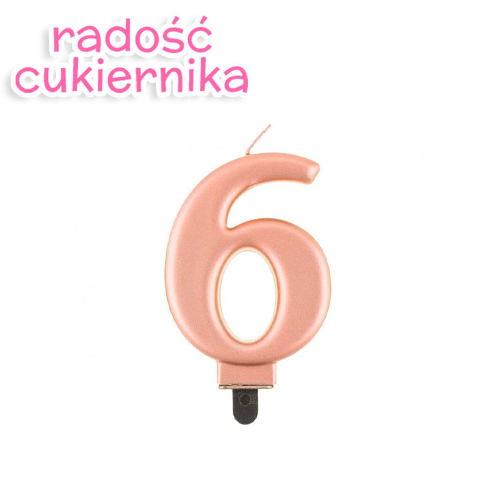 Świeczka cyferka 6, metalik różowa, 8 cm 