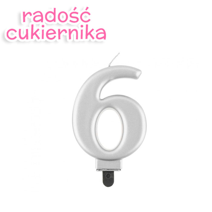 Świeczka cyferka 6, metalik srebrna, 8 cm 