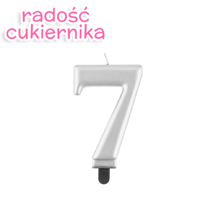 Świeczka cyferka 7, metalik srebrna, 8 cm 