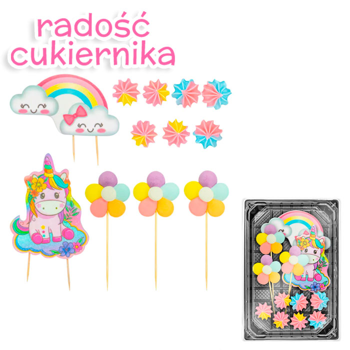 Figurki cukrowe kolorowy jednorożec 2D topper na tort 