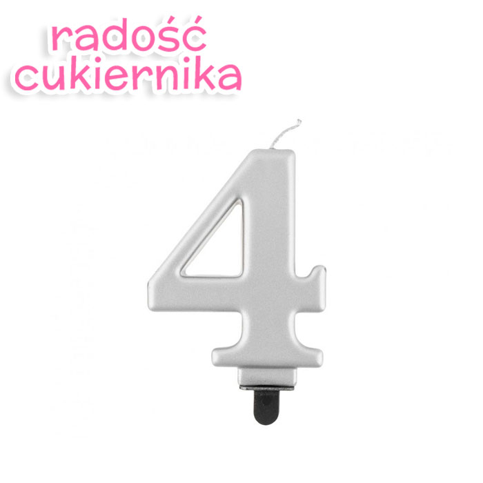 Świeczka cyferka 4, metalik srebrna, 8 cm 