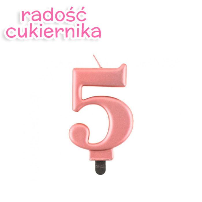 Świeczka cyferka 5, metalik różowa, 8 cm 