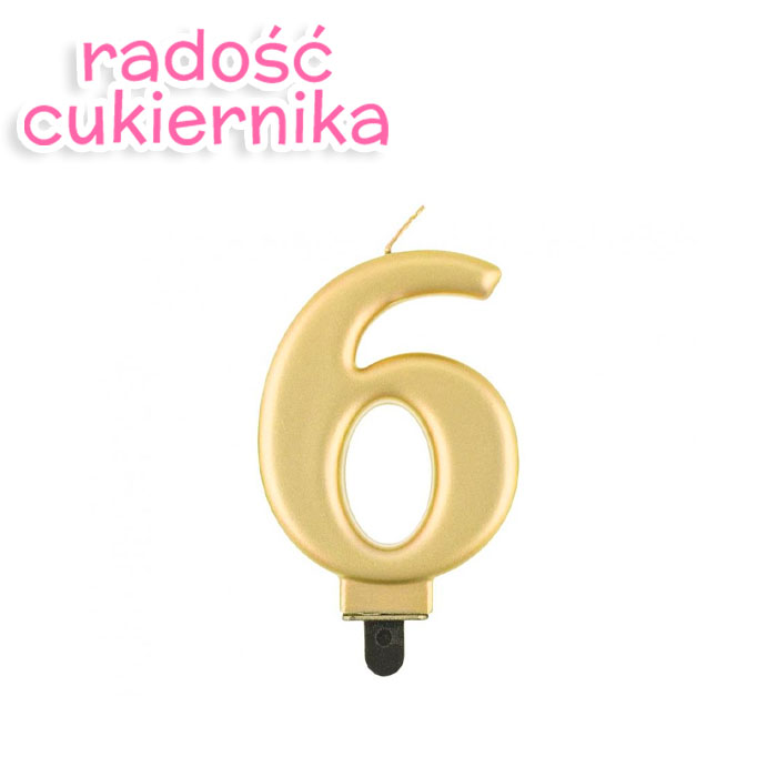 Świeczka cyferka 6, metalik złota, 8 cm 