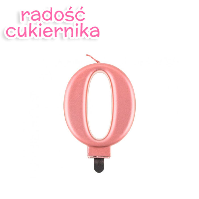 Świeczka cyferka 0, metalik różowa, 8 cm 