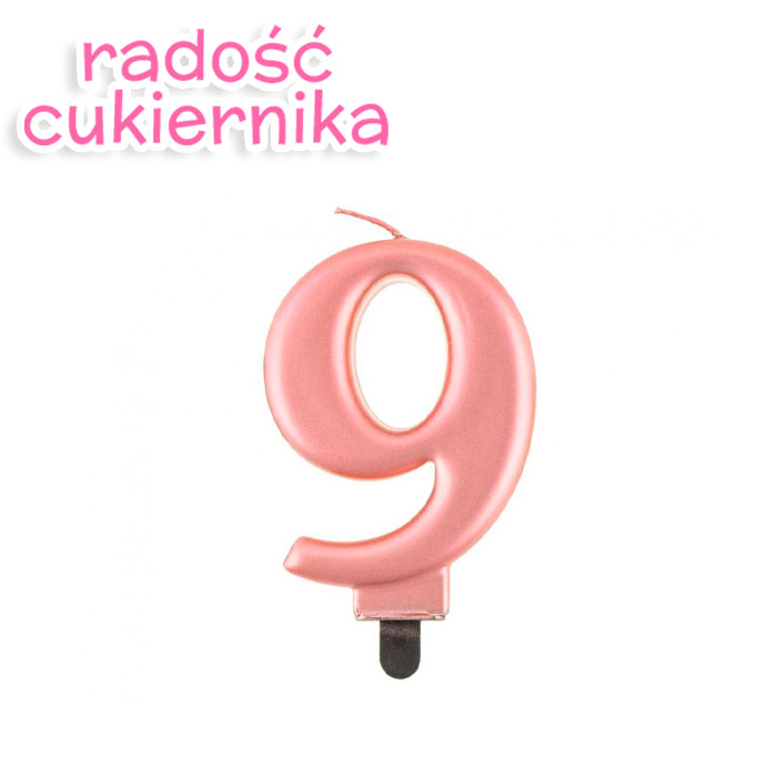 Świeczka cyferka 9, metalik różowa, 8 cm 