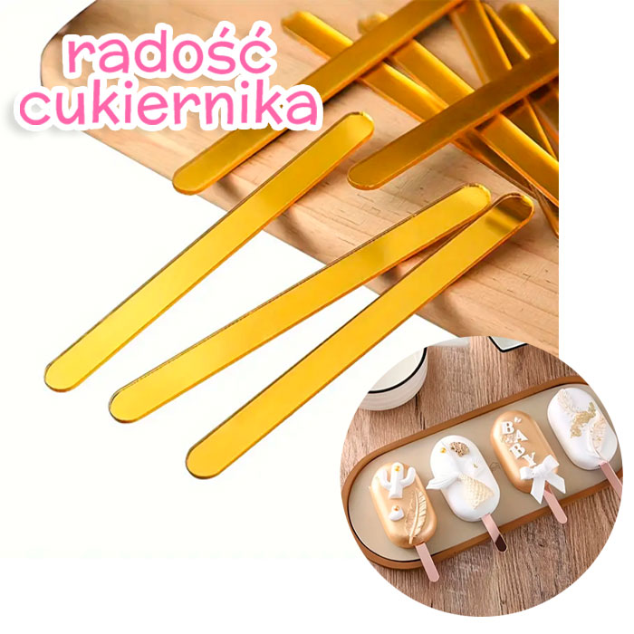 Zestaw patyczków plastikowych do deserów złoty 11,40x1,0 cm, 10 sztuk 