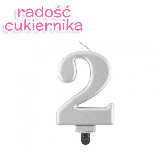 Świeczka cyferka 2, metalik srebrna, 8 cm 