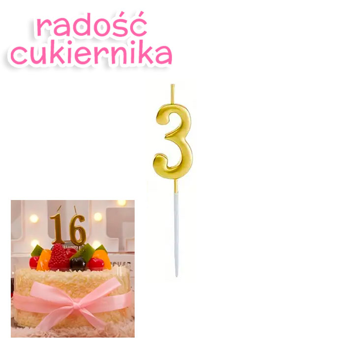 Świeczka tortowa numer 3, złota, 11 cm 