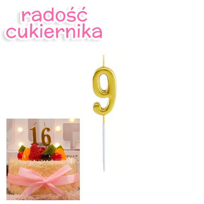 Świeczka tortowa numer 9, złota, 11 cm 